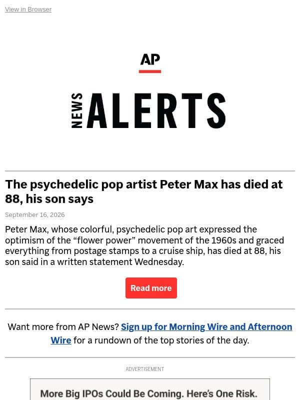 The psychedelic pop artist Peter Max has died at 88, his son says email from Associated Press