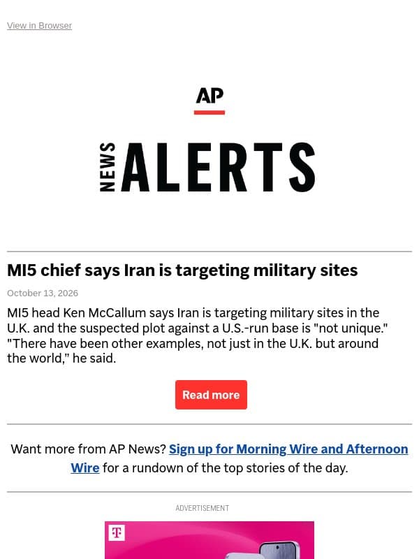 MI5 chief says Iran is targeting military sites email from Associated Press