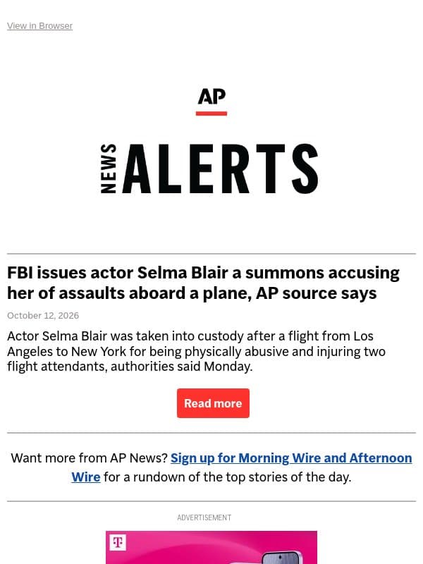 FBI issues actor Selma Blair a summons accusing her of assaults aboard a plane, AP source says email from Associated Press