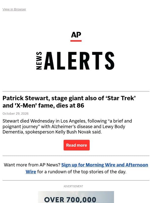 Patrick Stewart, stage giant also of ‘Star Trek’ and 'X-Men' fame, dies at 86 email from Associated Press