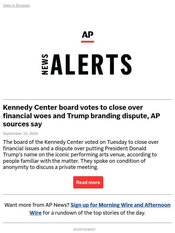 Kennedy Center board votes to close over financial woes and Trump branding dispute, AP sources say email from Associated Press