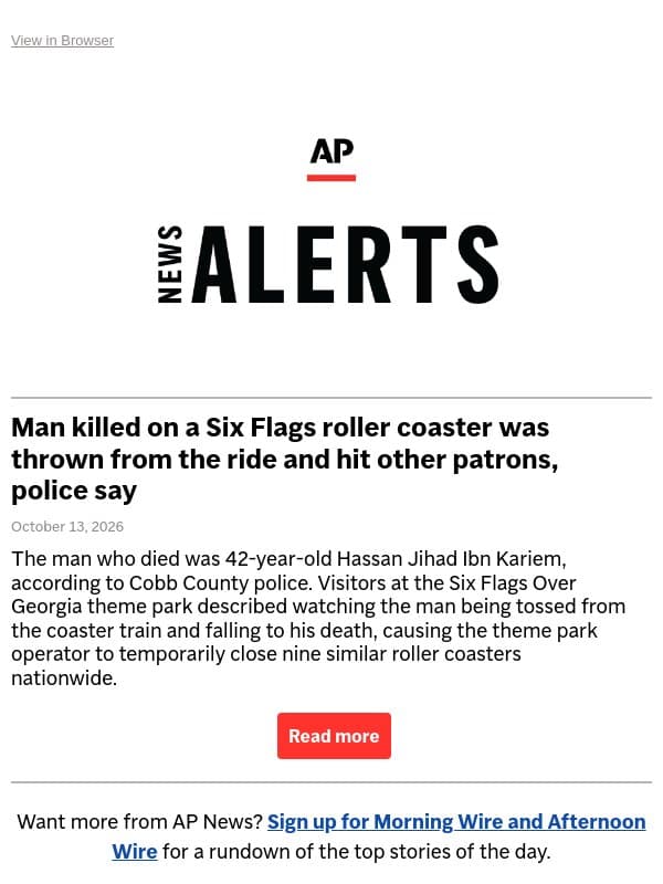 Man killed on a Six Flags roller coaster was thrown from the ride and hit other patrons, police say email from Associated Press