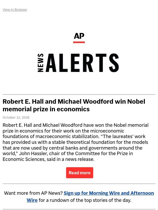 Robert E. Hall and Michael Woodford win Nobel memorial prize in economics email from Associated Press