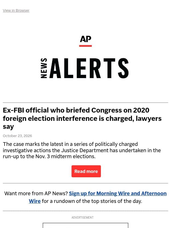 Ex-FBI official who briefed Congress on 2020 foreign election interference is charged, lawyers say email from Associated Press