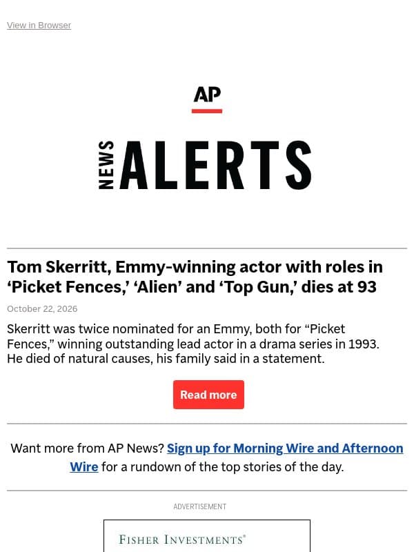 Tom Skerritt, Emmy-winning actor with roles in ‘Picket Fences,’ ‘Alien’ and ‘Top Gun,’ dies at 93 email from Associated Press