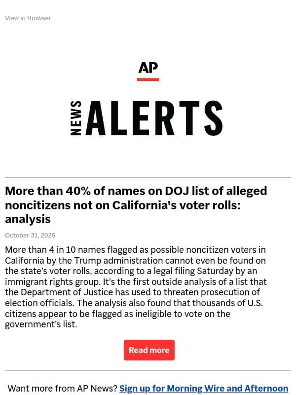 More than 40% of names on DOJ list of alleged noncitizens not on California's voter rolls: analysis email from Associated Press