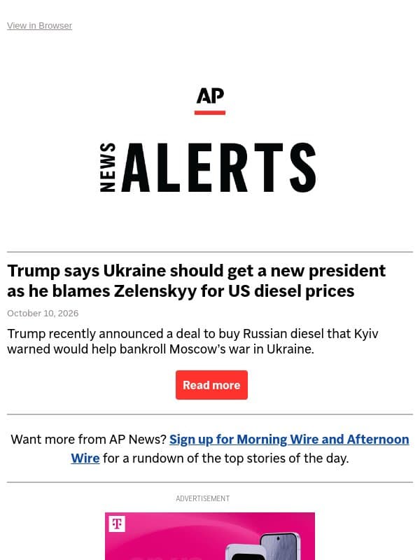 Trump says Ukraine should get a new president as he blames Zelenskyy for US diesel prices email from Associated Press