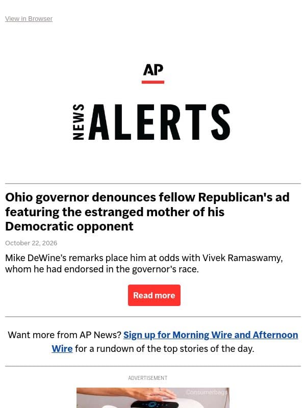 Ohio governor denounces fellow Republican's ad featuring the estranged mother of his Democratic opponent email from Associated Press