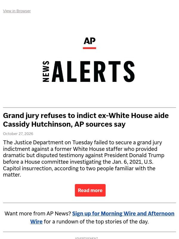 Grand jury refuses to indict ex-White House aide Cassidy Hutchinson, AP sources say email from Associated Press