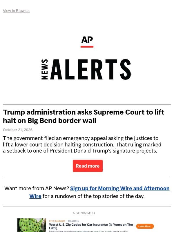 Trump administration asks Supreme Court to lift halt on Big Bend border wall email from Associated Press