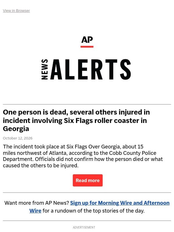 One person is dead, several others injured in incident involving Six Flags roller coaster in Georgia email from Associated Press