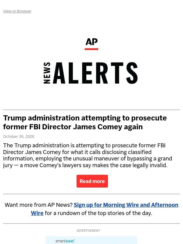 Trump administration attempting to prosecute former FBI Director James Comey again email from Associated Press