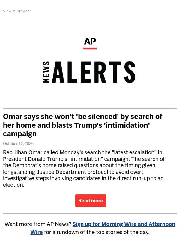 Omar says she won't 'be silenced' by search of her home and blasts Trump's 'intimidation' campaign email from Associated Press