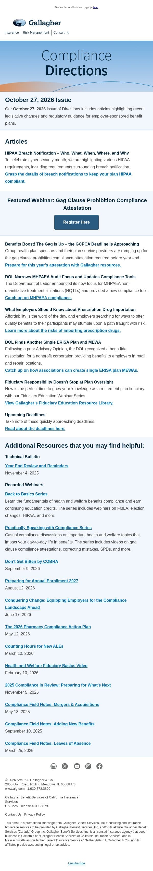 Compliance Directions Newsletter – October 27, 2026 Issue email from Assured Partners screenshot