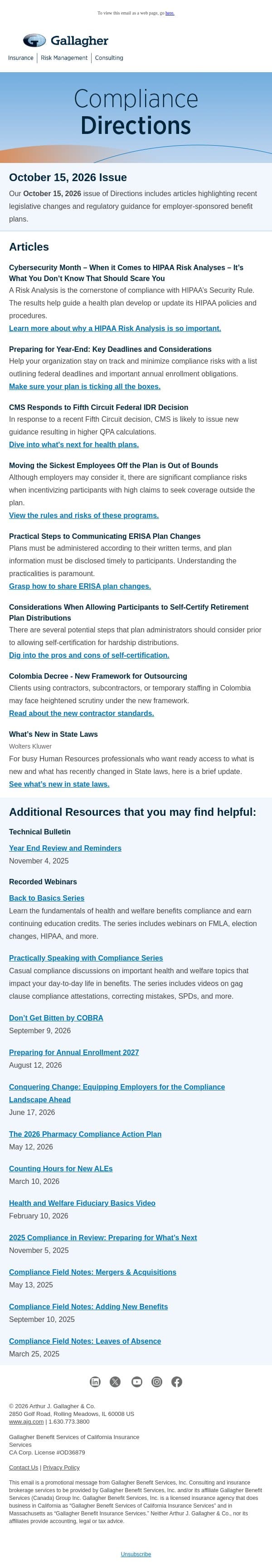 Compliance Directions Newsletter – October 15, 2026 Issue email from Assured Partners screenshot