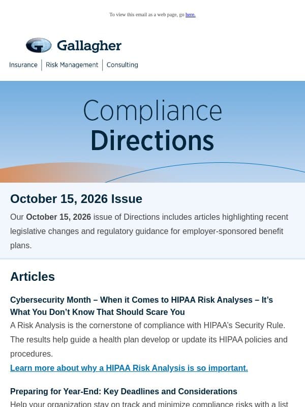 Compliance Directions Newsletter – October 15, 2026 Issue email from Assured Partners