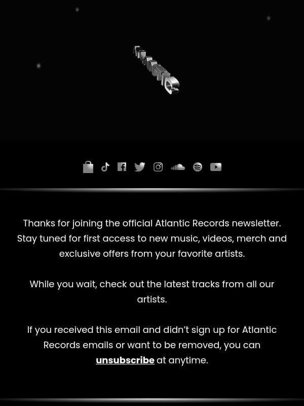 Thanks for signing up! email from Atlantic Records