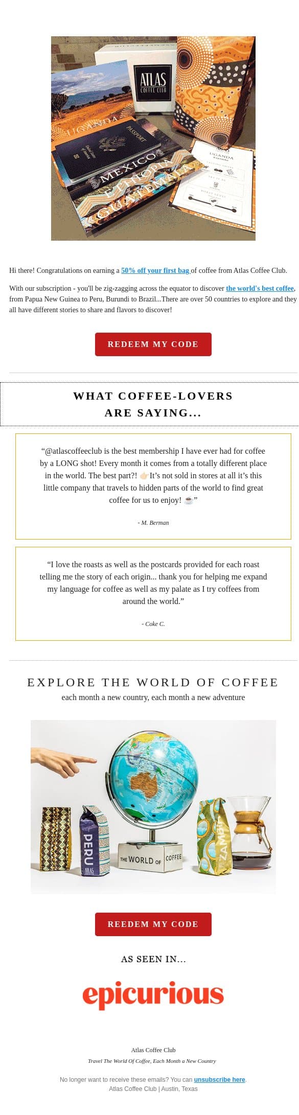 Still want 50% off the world's best coffee? email from Atlas Coffee Club screenshot