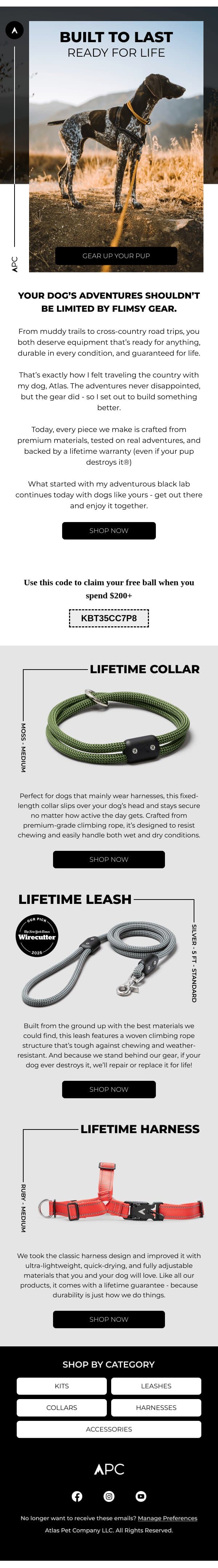 Tough, comfortable and guaranteed for life! email from Atlas Pet Company screenshot