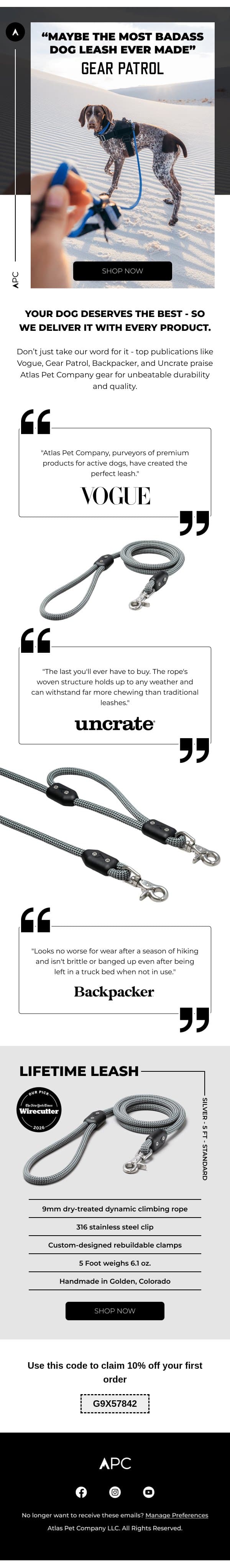 “Maybe the most badass dog leash ever made." email from Atlas Pet Company screenshot