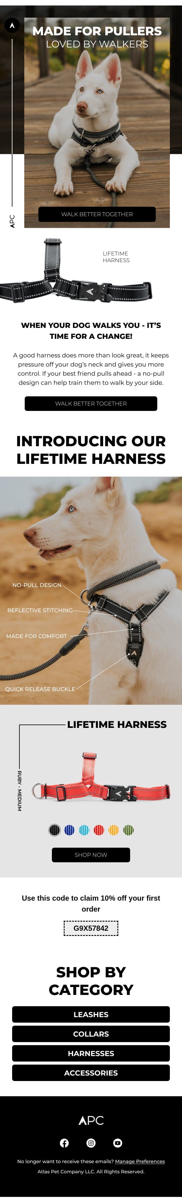 The no-pull harness built for active pups email from Atlas Pet Company screenshot