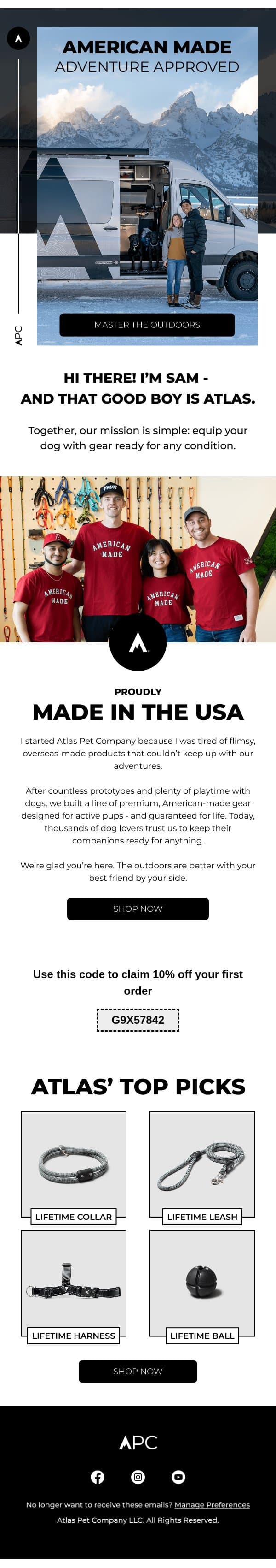 From our workshop to your adventures email from Atlas Pet Company screenshot