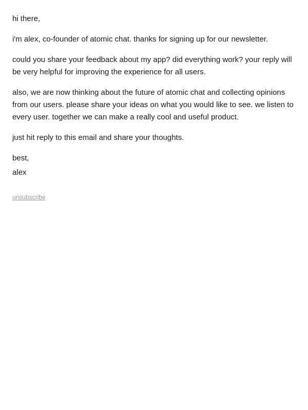 checking in email from Atomic Chat screenshot