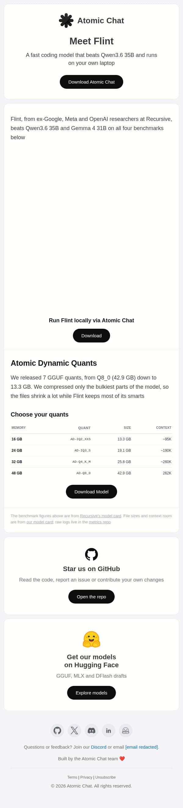Run Flint locally! email from Atomic Chat screenshot