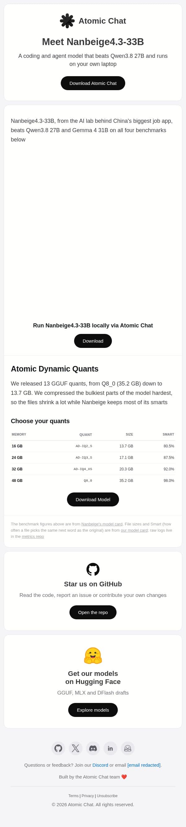 Run Nanbeige4.3-33B locally! email from Atomic Chat screenshot