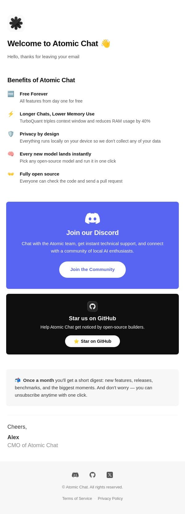 Welcome to Atomic Chat! email from Atomic screenshot