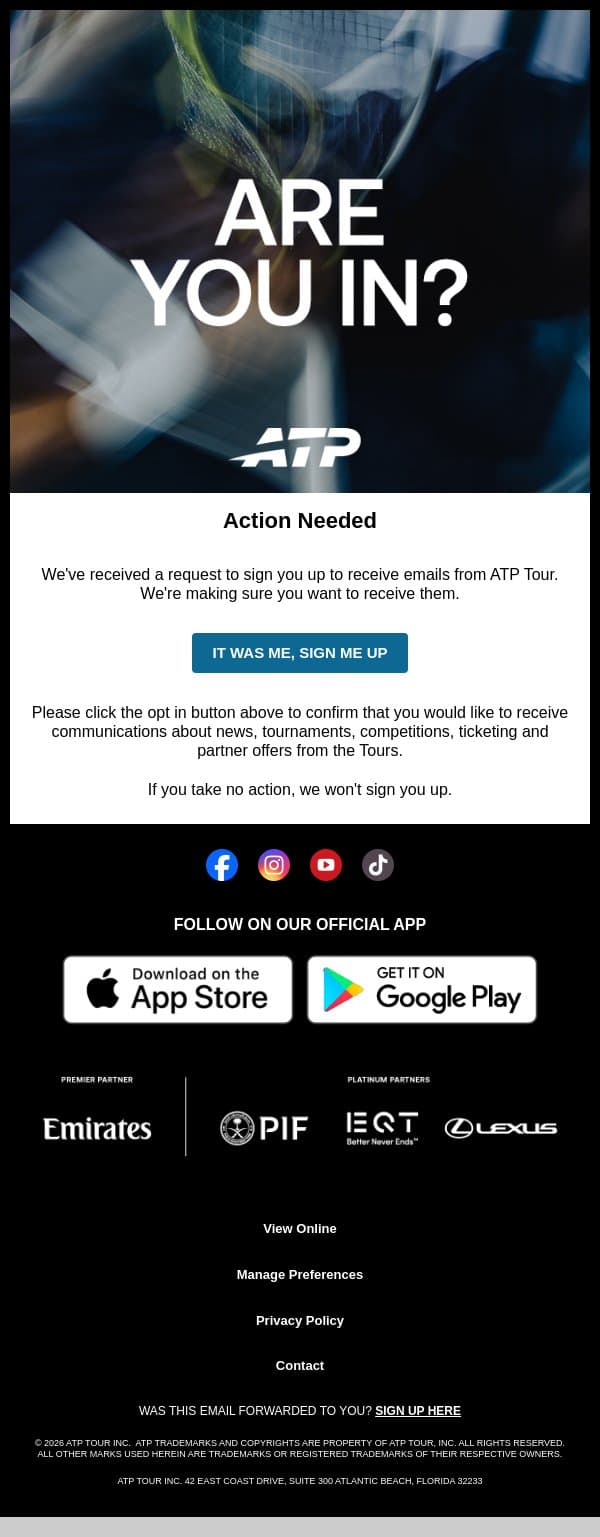 🎾 Please Confirm Your Subscription email from ATP Media screenshot