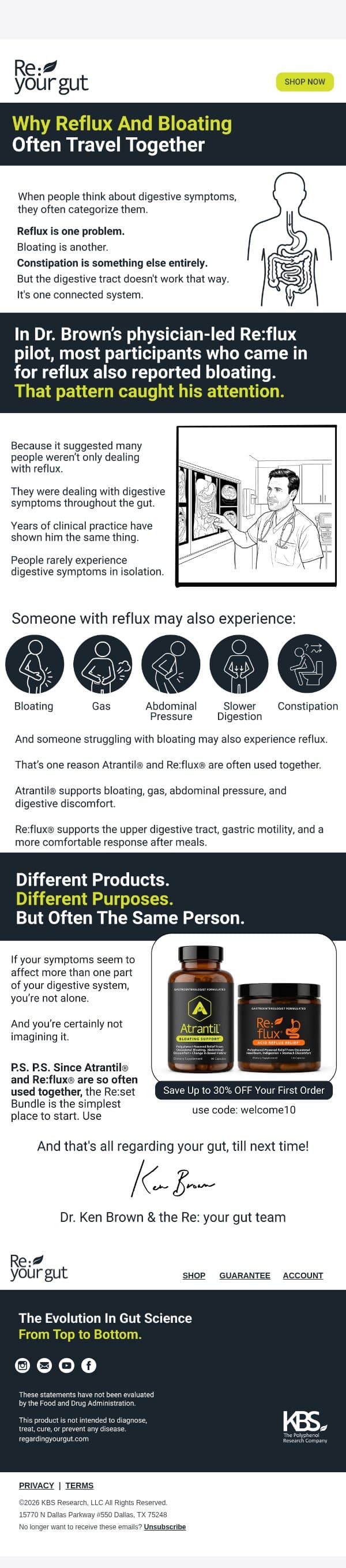 Why reflux and bloating often travel together email from Atrantil screenshot