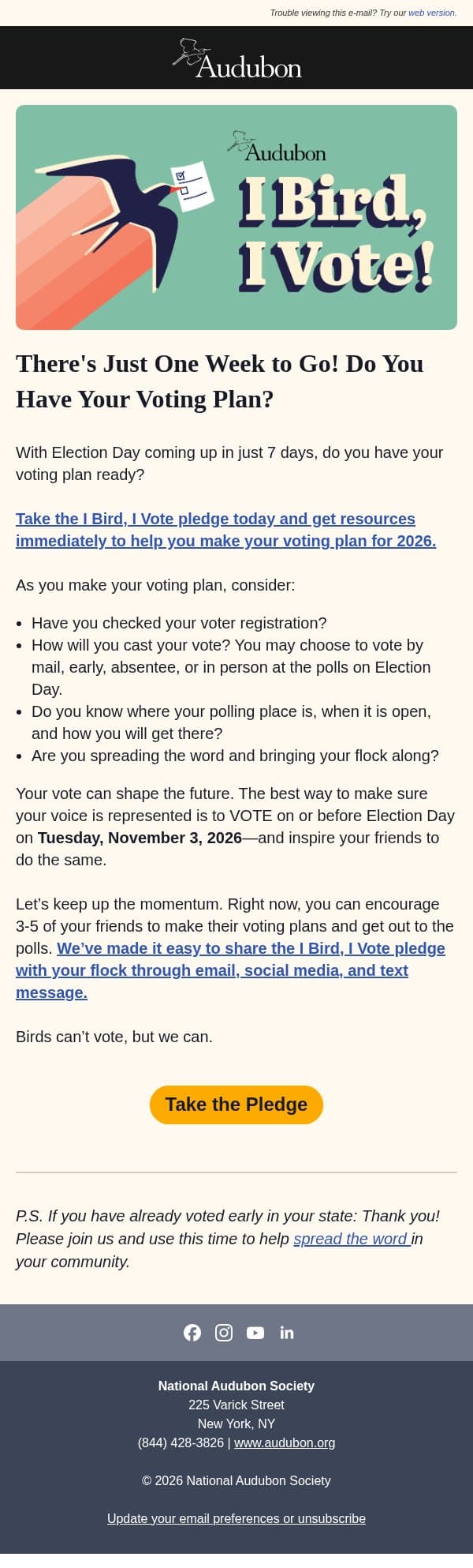 Pledge to Vote: Election Day is a week away email from Audubon Society screenshot