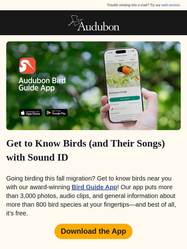 Discover Fall Birds with the Bird Guide App email from Audubon Society