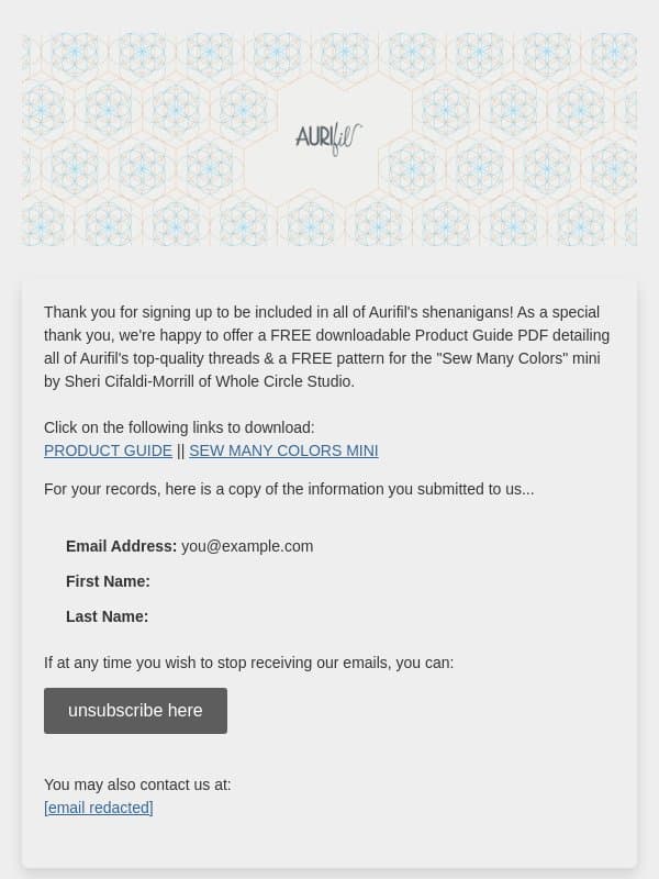 Quilters: Welcome to the family! email from Aurifil