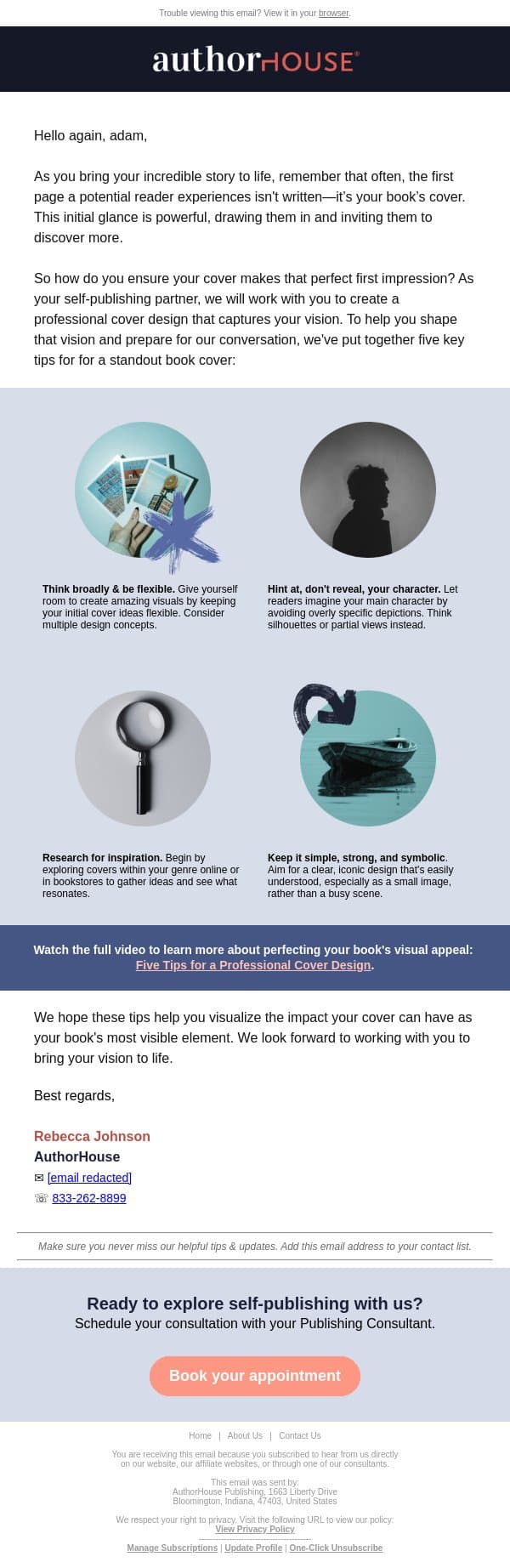 Is your book cover telling the right story? email from AuthorHouse screenshot