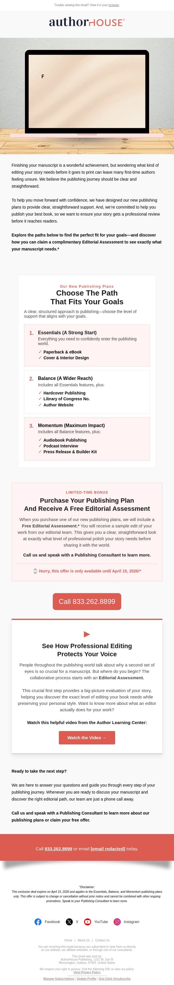 Wondering what kind of editing your book needs? email from AuthorHouse screenshot