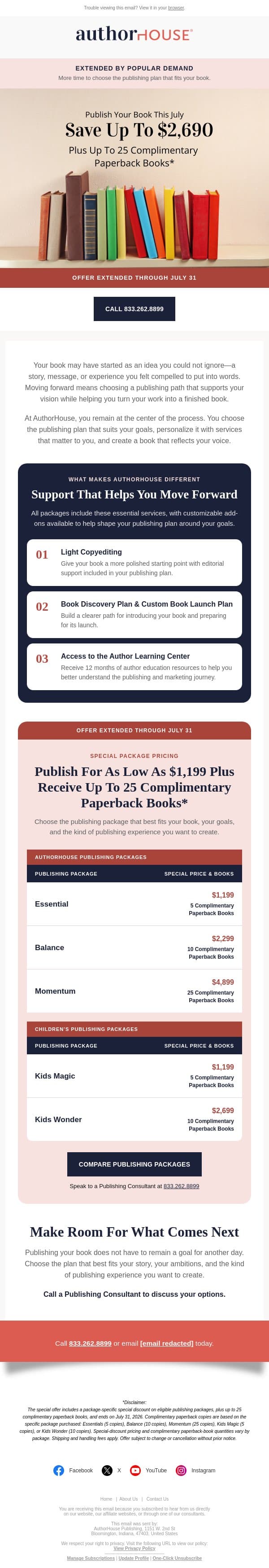 Special publishing prices extended through July 31 email from AuthorHouse screenshot
