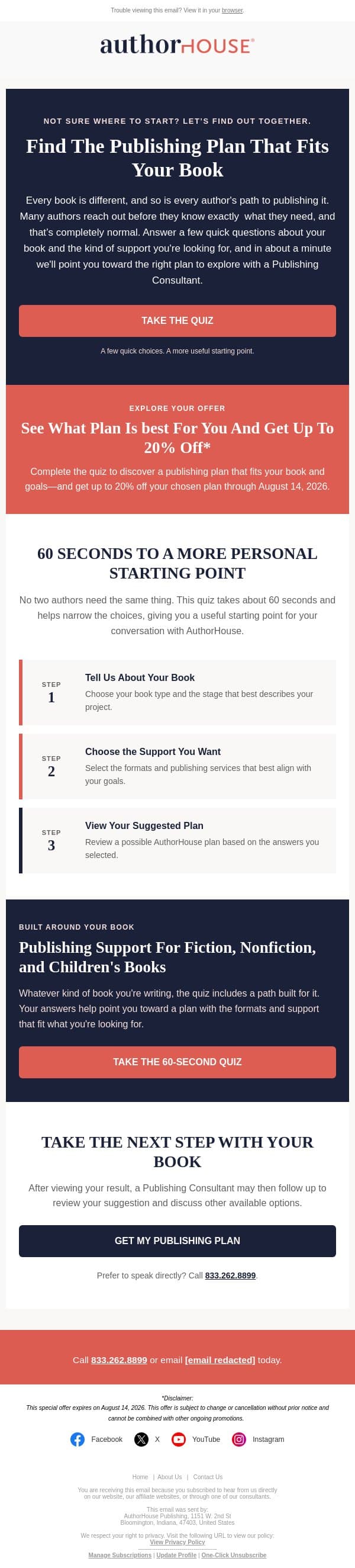Take the quiz: Which publishing plan fits your book? (and save) email from AuthorHouse screenshot