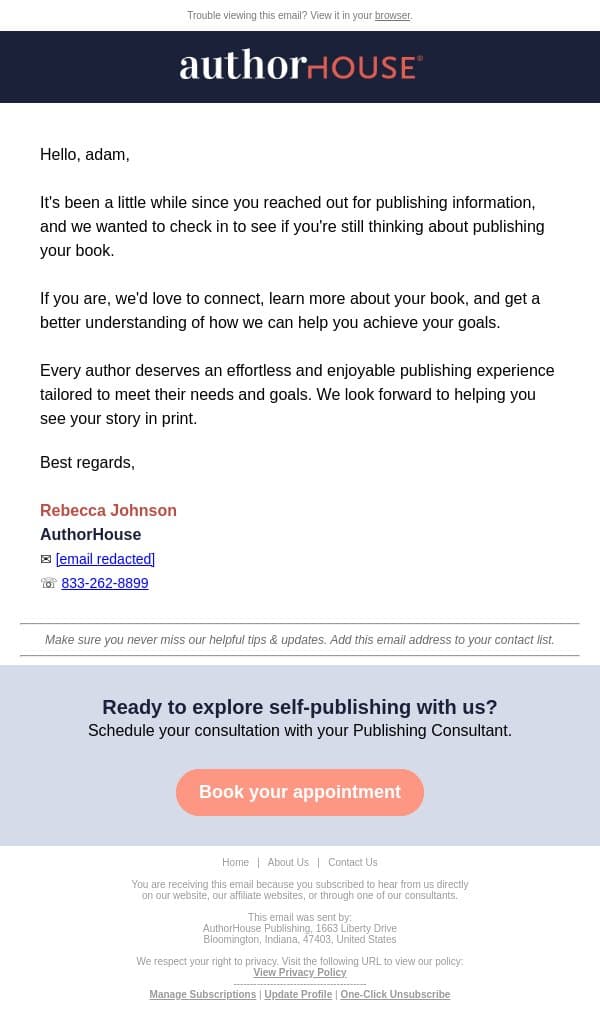 adam, is this the end of our story? We hope not. email from AuthorHouse screenshot