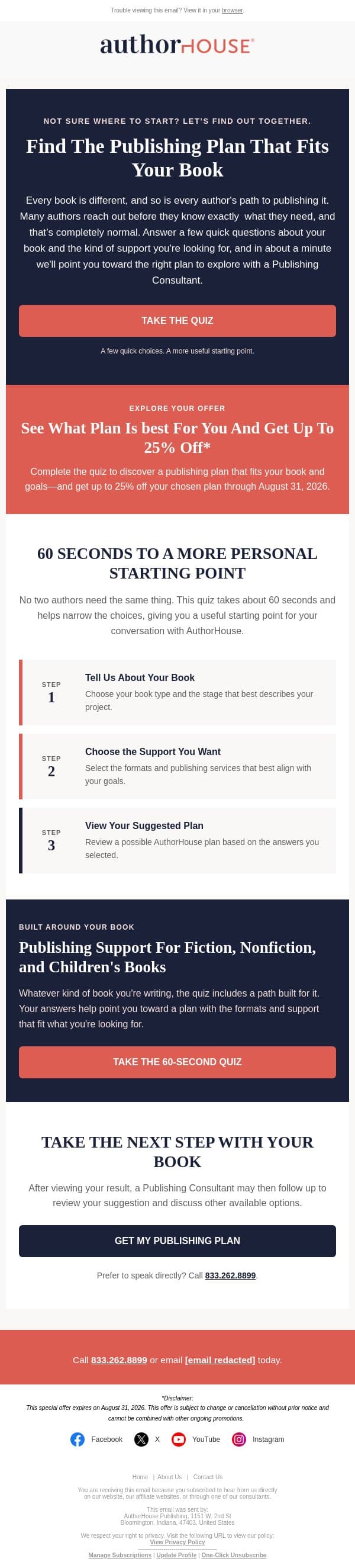 Set a publishing goal and take the quiz + get 25% off. email from AuthorHouse screenshot