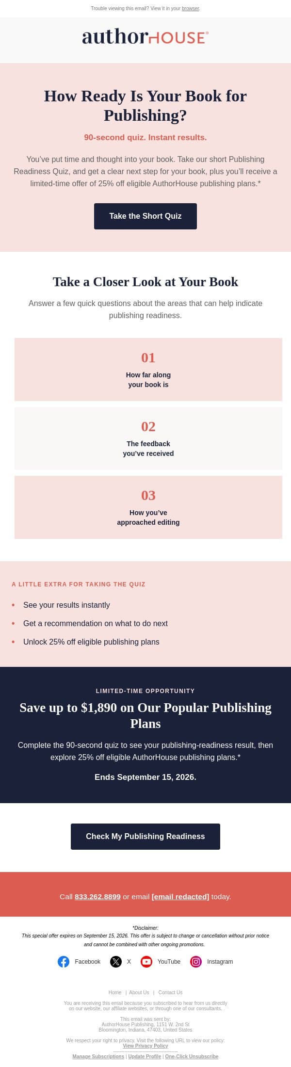 Take the short publishing readiness quiz + save email from AuthorHouse screenshot