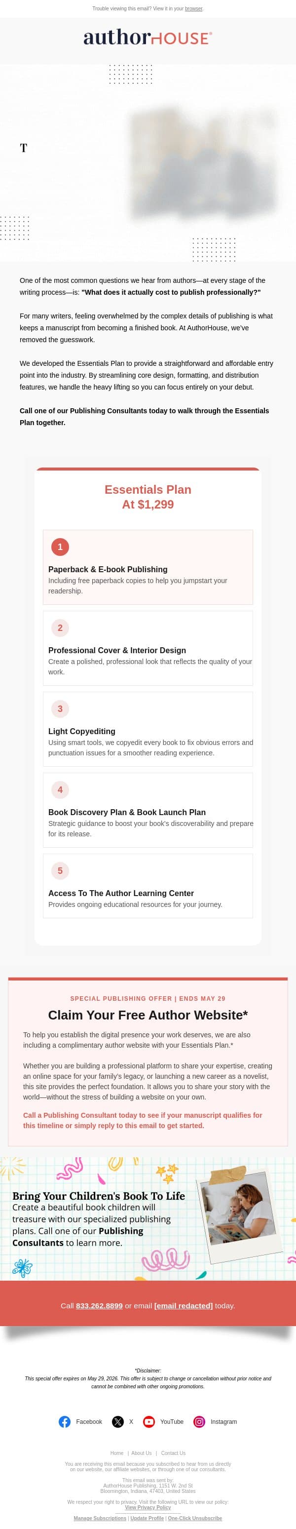 The true cost of publishing + extended publishing deal. email from AuthorHouse screenshot