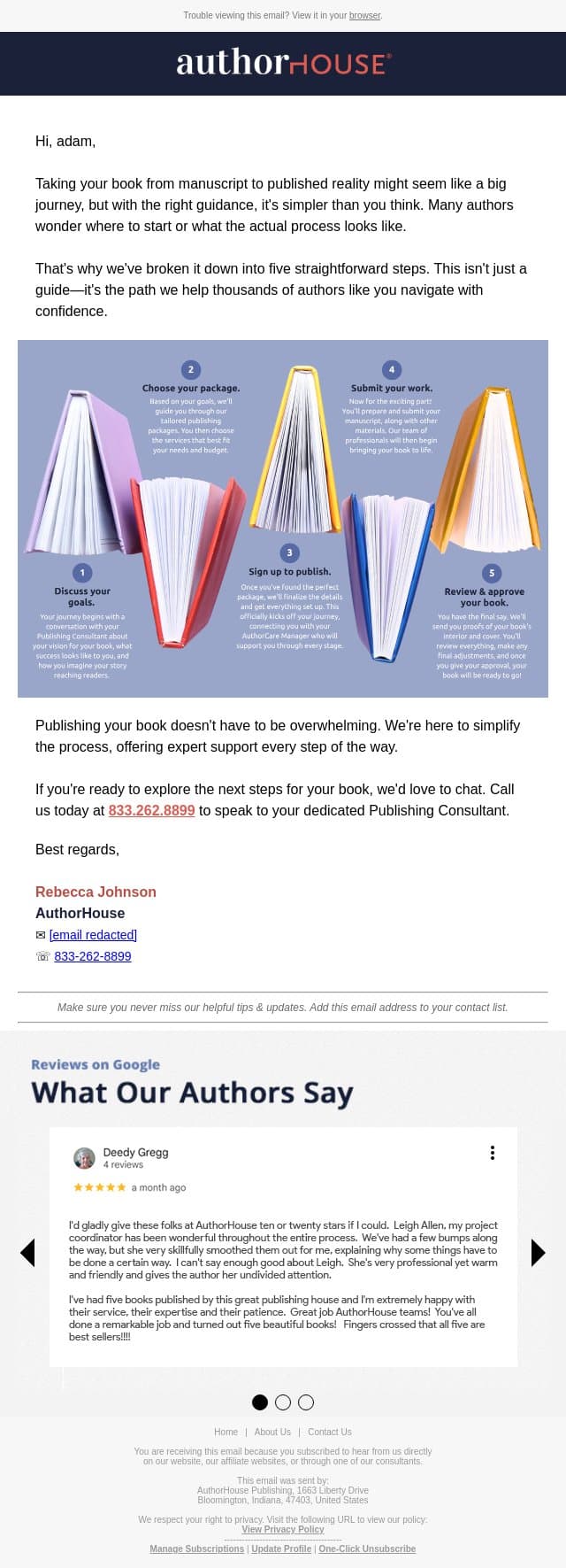 Here’s your 5-step path to a published book, adam. email from AuthorHouse screenshot