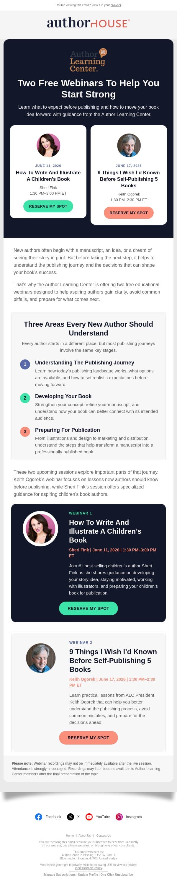 Two Free Webinars To Help You Start Strong email from AuthorHouse screenshot