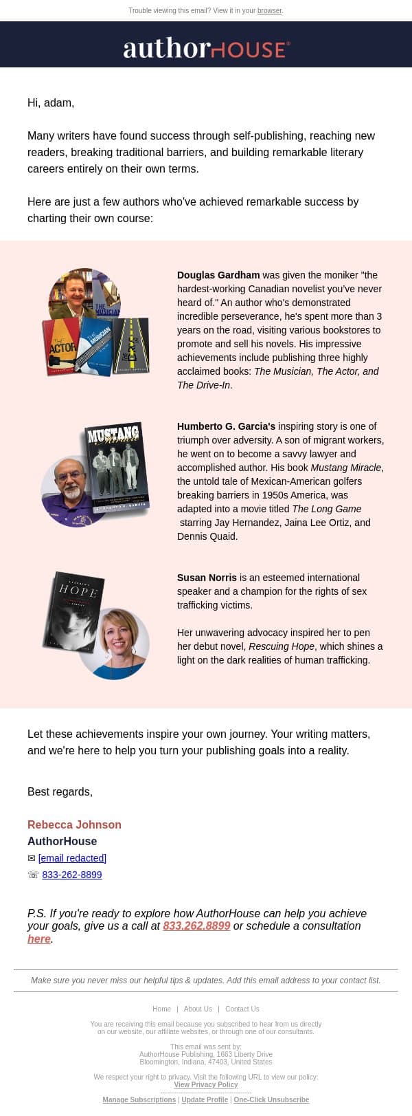 adam, meet these authors who achieved their self-publishing goals. email from AuthorHouse screenshot