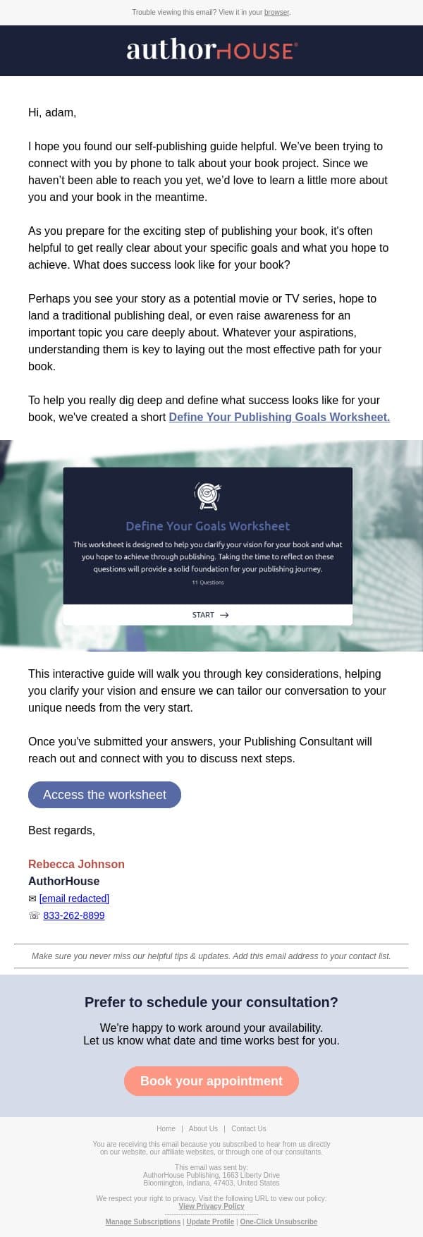 adam, we've been trying to reach you. email from AuthorHouse screenshot