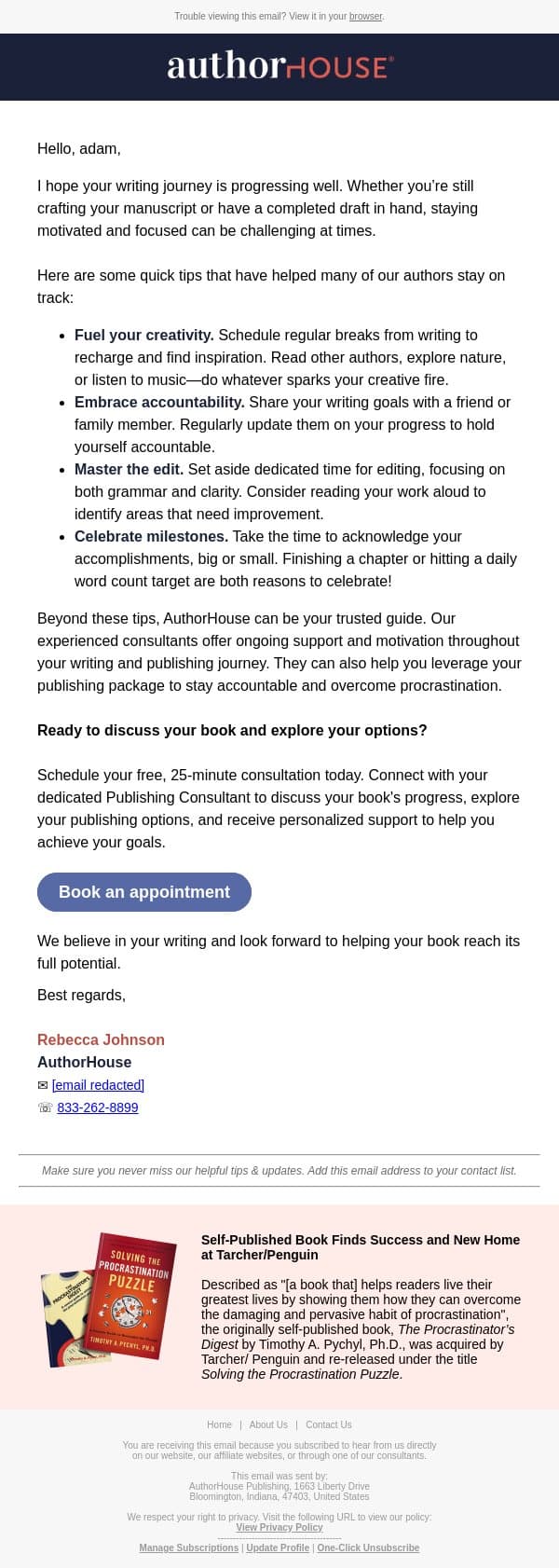Stuck in a rut? Quick tips to overcome writer's block and refine your writing. email from AuthorHouse screenshot