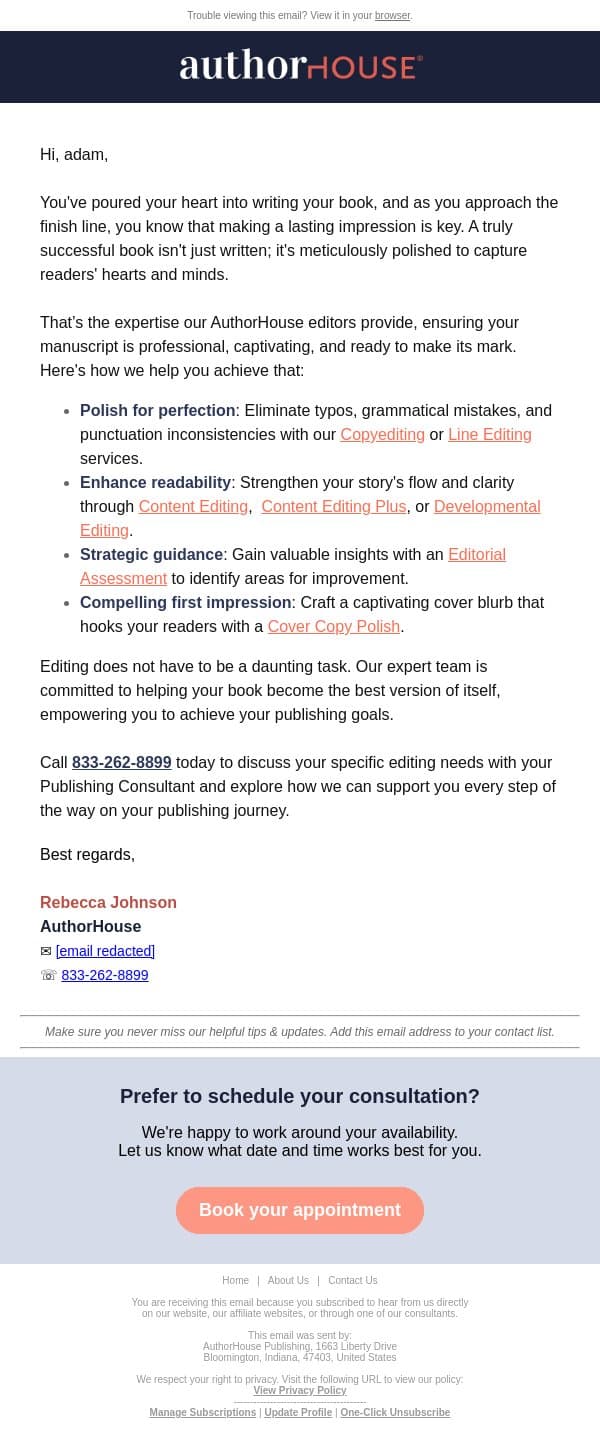 Give your manuscript the final touch it deserves: expert editing. email from AuthorHouse screenshot