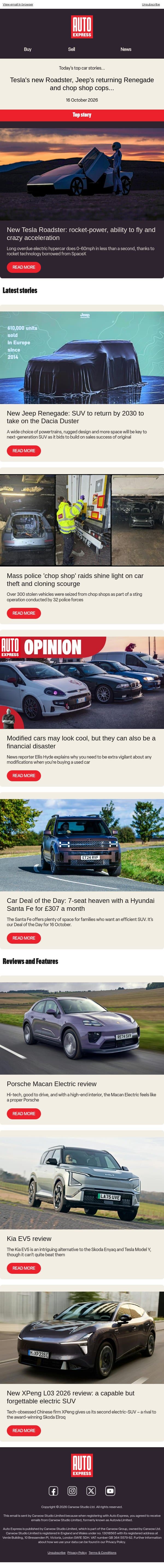 Tesla's new Roadster is finally here! email from Auto Express screenshot